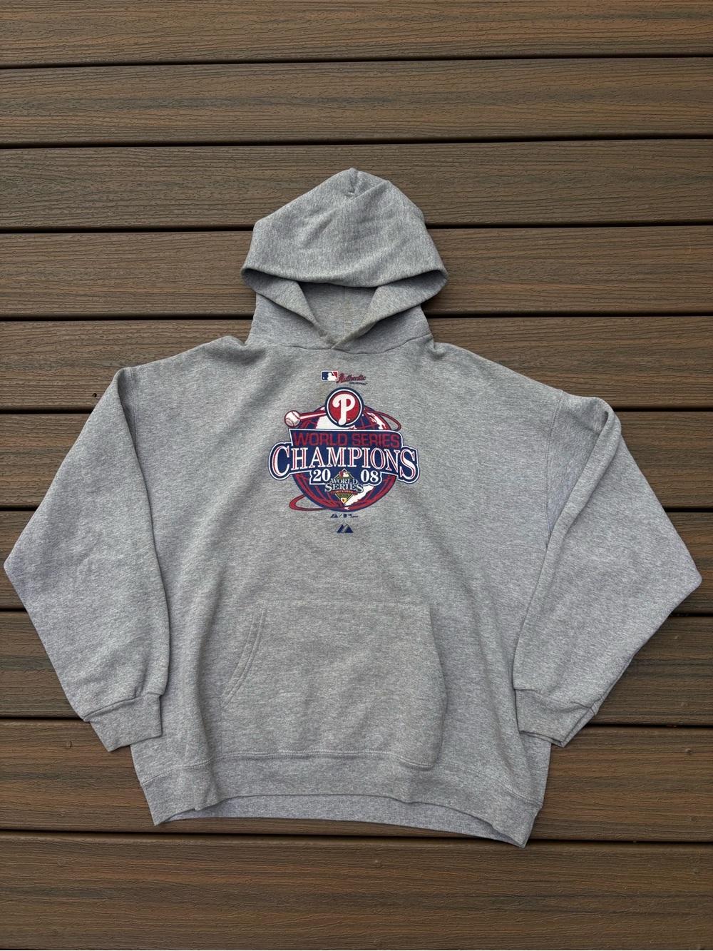 Vintage Philadelphia Phillies 2008 World Champions Majestic Hoodie Gray Mens XL